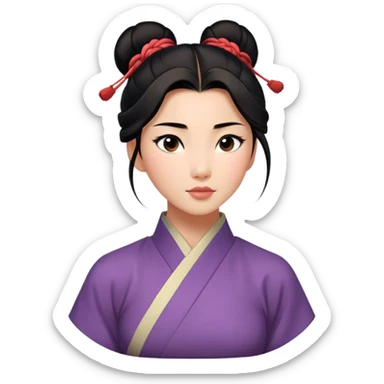 Cinematic Realistic Serene Mulan Portrait, showing Mulan (chest and above) with radiant, smooth skin and delicately detailed dark hair swept back in a neat bun. Her gentle, reflective expression is captured with soft natural lighting that highlights the nuanced textures of her features and traditional attire in muted hues. The composition glows with an inviting, natural radiance and subtle shadows, evoking a calm and introspective mood that speaks of quiet strength and enduring beauty. sticker