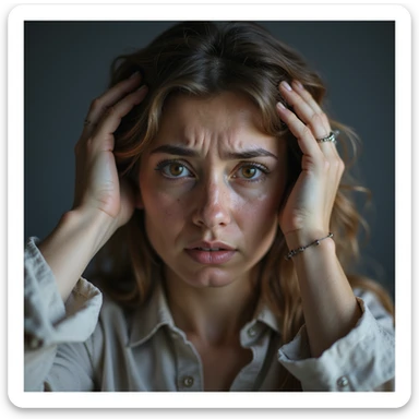 woman with hands in hair, stressed and nervous expression, hyperrealism 4K, variation 11 sticker