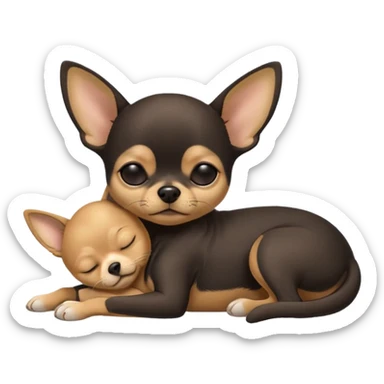 A high-resolution photo-realistic digital illustration of a  black with a bit of tan chihuahua with eyes closed shut sleeping lazily on the ground sticker