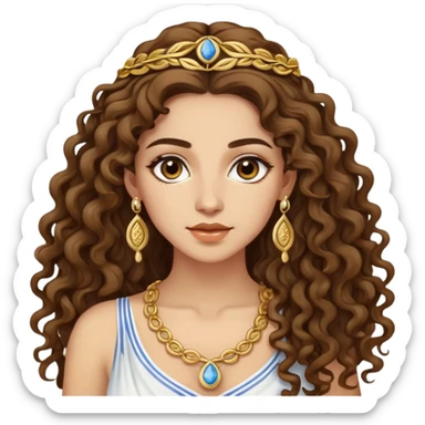 attractive Greek woman with long curly hair and light skin wearing gold Greek jewelry sticker