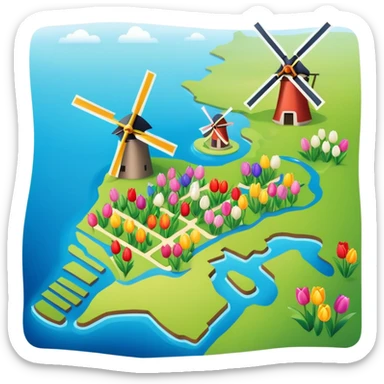 Map of the Netherlands showing canals, tulips, and windmills sticker