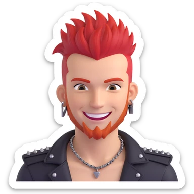white guy rock singer with red mohawk hair, studded leather necklace, rebellious style, smiling sticker