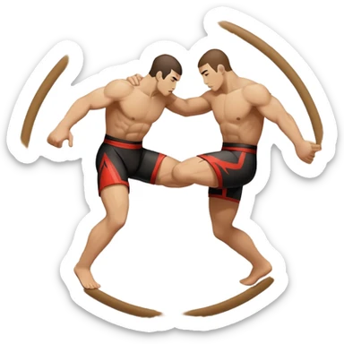 An icon symbolizing wrestling martial arts, featuring two stylized figures locked in a dynamic grappling pose. The background shows abstract elements representing strength and technique, with a circular design to represent unity and focus. Transparent background sticker