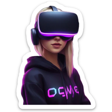 Russian girl wearing a black hoodie with "OMG" letters on it and VR headset in a cyberpunk VR environment with violet neon lighting. sticker