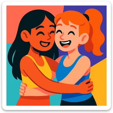 two girls hugging, both wearing tank tops, best friends, happy, modern colorful cartoon style illustration sticker