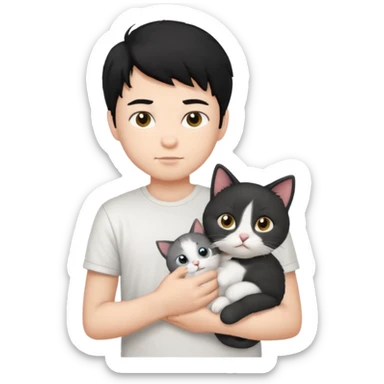 generate a pretty bratz emoji of a boy with black hair wearing a white tshirt and holding a cat sticker