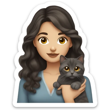Pretty woman with long blown out dark brown hair and brown eyes holding a dark grey Scottish fold cat with big golden eyes sticker