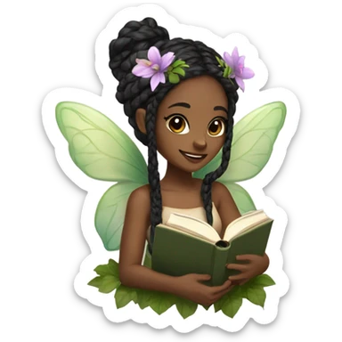 Black female forest fairy, wings, pointed elf ears, long box braid hair, reading, stack of books, vines, flowers sticker