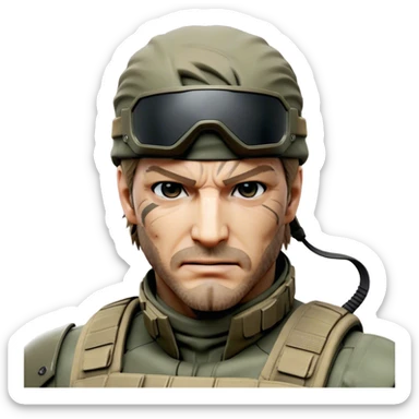 Cinematic Realistic Metal Gear Solid Snake Soldier Portrait, head tilted dramatically with an exaggeratedly amused expression, blending stealthy seriousness with a touch of unexpected humor. His rugged features, set against intricately detailed tactical gear in muted earth tones, are rendered with lifelike texture and dynamic lighting, high shine, dramatic yet whimsical, capturing the essence of a soldier whose epic covert skills are matched by a playful, irreverent spark. sticker