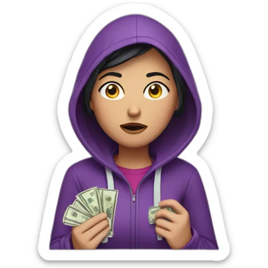 Armenian woman with purple hoodie and unhappy face and lost money sticker