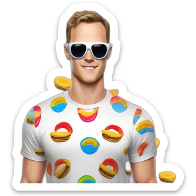 Fancy disco Jonathan Toews wearing rainbow lace shirt and wearing VR glasses and eating a moon pie sticker