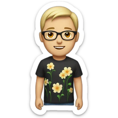 white guy with short hair wearing glasses and dark t-shirt with flowers print sticker
