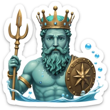 Bust of Poseidon underwater, Greek god with beard and crown, sea god statue with trident, bubbles around, blue water background sticker