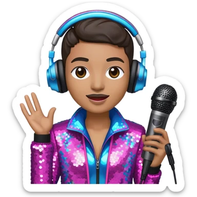 Create a vibrant and modern emoji that represents pop or stage vocal performance, focusing on the equipment and style. The design should feature a high-quality microphone, a stage monitor, and a sound mixing console, symbolizing the professional setup for pop vocals. Add elements like studio headphones, a soundboard with sliders, and an elegant stage costume (e.g., a sequined jacket or flashy stage attire) to reflect the glamour of stage performance. Use energetic colors like neon pink, electric blue, and silver to convey the high-energy nature of pop singing. The background should be transparent sticker