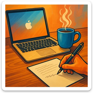 A MacBook, a steaming coffee mug, and a pen writing on paper, arranged on a wooden desk, vibrant and inviting style. sticker