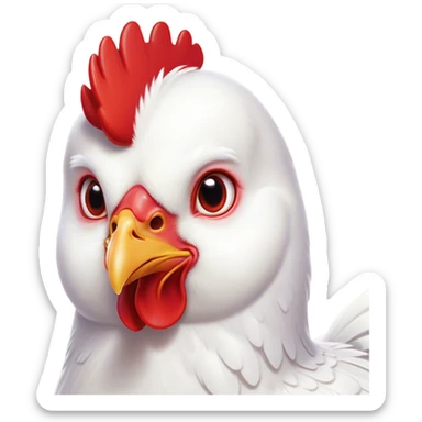 Cinematic Cute White Chicken Portrait Emoji, Head tilted playfully and inquisitively, featuring smooth, immaculate white feathers and a delicate red comb, round, sparkling beady eyes filled with curiosity, Simplified yet irresistibly adorable features, highly detailed, glowing with a warm, friendly glow, high shine, affectionate and lively, stylized with a touch of farmyard whimsy, bright and endearing, soft glowing outline, capturing the essence of a mischievous yet loving chicken, so playful it feels like it could peck out of the screen and into your arms! sticker