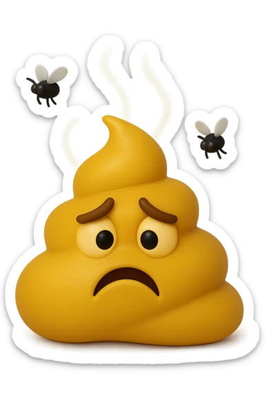 emoji stile iphone 3d di cacca gialla e liquida che emana fumi e cattivo odore, mosche gli girano intorno, iperrealistiche 4k sticker