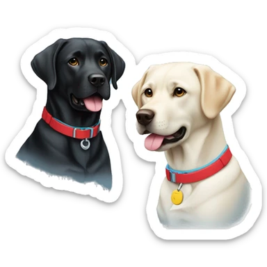 black-coloured labrador on the left with red collar, black-coloured labrador on the right with light blue collar. sticker