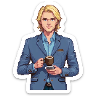 Confident male entrepreneur, Caucasian features, blonde hair, defined eyebrows, slight smile, wearing blue blazer over light blue shirt, holding a smartphone in one hand and a coffee cup in the other, waist-up, front-facing sticker