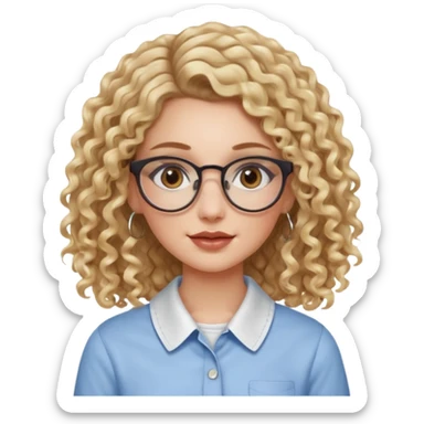 cute white girl with not volominous VERY LONG blonde curly hair with balayage, brown eyes, full lips, natural clean girl makeup and hoop earrings and square glasses, collared shirt sticker