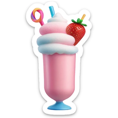 a strawberry milkshake topped with a candy covered marshmallow, gummy candy ribbon, and cotton candy sticker