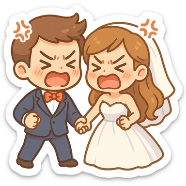 cartoon bride and groom playfully arguing, both with exaggerated angry faces but holding hands, humorous and lighthearted, vibrant style for wedding stickers sticker
