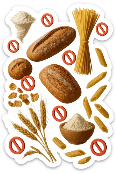 cereali, pane, pasta e farine realistici fluttuano in aria con piccoli divieti 3d, IPERREALISTICO 4K sticker