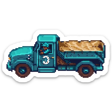 cute dump truck in navy blue and teal green, wearing a Mariners baseball cap, pixel art style, side view, dynamic pose sticker