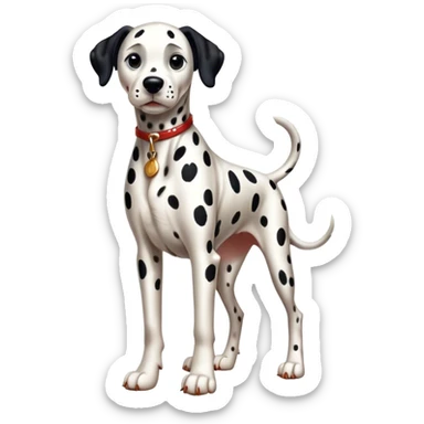 Cinematic Realistic full-body portrait of a Dalmatian dog, rendered with glossy, meticulously detailed spotted fur and expressive, alert eyes, set against a clean, neutral backdrop that highlights its regal and athletic stance. sticker