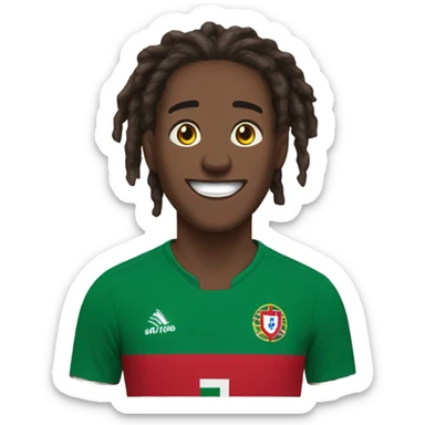  Young black man- 4 inch short black nappy messy dread locks-  low eyebrows - low eyes - no facial hair laughing Portugal jersey lean crazy smile  sticker