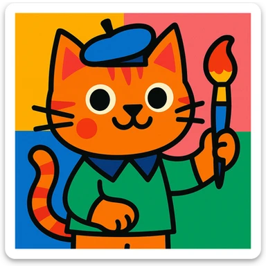 cat in a painter's beret holding a paintbrush, vibrant cartoon style sticker