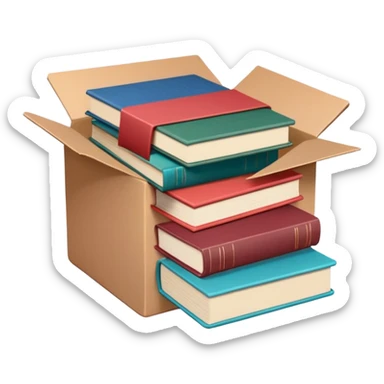 
An open brown cardboard box with softly rounded edges, filled with a small stack of colorful hardcover books (muted red, blue, and green). sticker