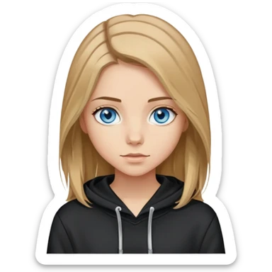 girl with blue eyes, shoulder-length brown hair with blonde highlights, wearing a black hoodie sticker