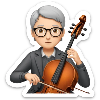an emoji of my mum playing the cello, she has short black-ish gray hair, wears glasses, she is small sticker