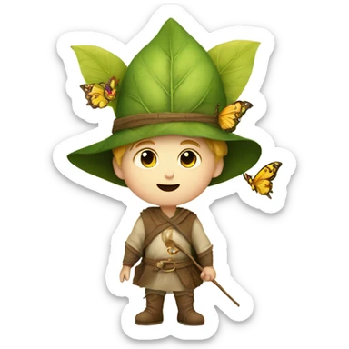 Medieval little whimsical little boy who is pale and he has a leaf hat and is riding a butterfly sticker