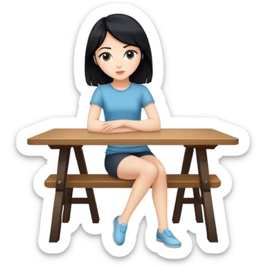 White girl full body sitting at table with black hair looking away sticker