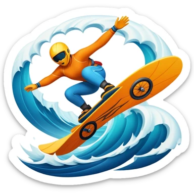 An emblematic symbol featuring a stylized figure in mid-action, representing extreme sports. The design incorporates dynamic lines and bold shapes, with elements like mountains, waves, and flying objects, capturing the thrill and adrenaline of various extreme sports in a single, unified icon. sticker