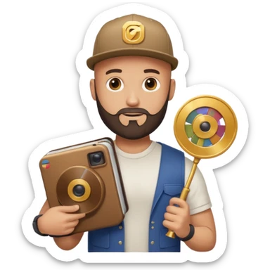 Strong bald man with beard and snapback, giant Instagram reel icon, stack of golden documents, trophy, minimal emoji sticker