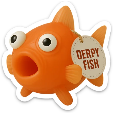 Change the fish's body color to bright orange clownfish color while keeping everything else exactly the same: very transparent, see-through, semi-transparent plastic, derpy eyes, retro 90's toy look, hyper-detailed, soft plastic, soft reflections, soft and squishy, some cloudiness, not shiny, highly detailed, appealing, with the 'DERPY FISH' tag. Remove the background. sticker