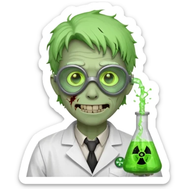radioactive zombie scientist portrait, head and shoulders only, glowing toxic veins, cracked goggles, lab coat with radiation badge, sinister smile, 3D cartoon, mobile game icon style, clean background, no text, no watermark
 sticker