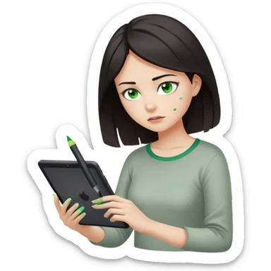 emoji holding and drawing on tablet using a stylus, looking down at screen in frustration, female, dark hair, green eyes, screen slightly visible with splashes of color like a paint palette  sticker