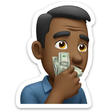 man wipes away tears with money sticker