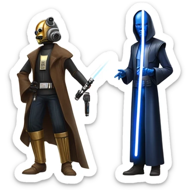 jedi first order human-sized darkblue-pearl friendly bounty hunter c3po droid wearing a leather wild west duster coat holding light saber ready to fight but relaxed. antiqued sticker