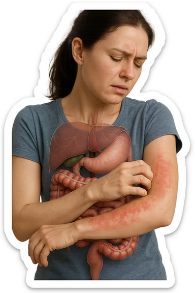 donna con intestino umano anatomico realistico che si gratta il braccio su cui ha un'eritema, iperrealistica 4k sticker