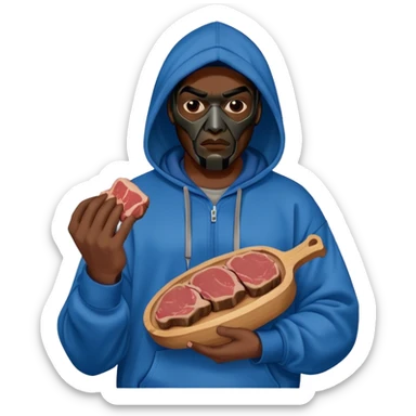 MF DOOM in a blue hoodie holding a piece of meat sticker