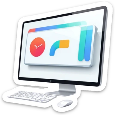 Animation and motion design. Show a computer screen with an animation timeline, moving frames, and a play button. Include motion design elements like flowing lines, curves, or rotating objects. Modern, creative colors. No emojis or smiley faces. Transparent background. sticker