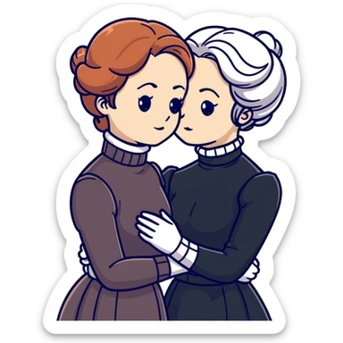 Two Victorian women in a sad intimate hug, one with white coiffed hair and one with copper coiffed hair, both with grey eyes, wearing Victorian turtleneck dresses sticker