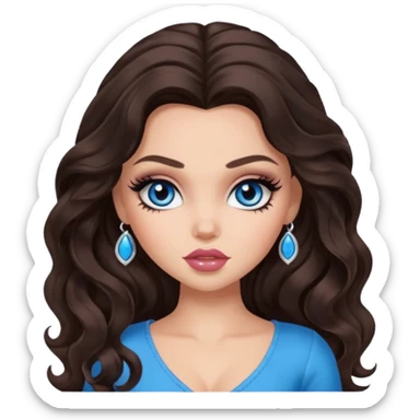 pretty bratz baddie, long dark brown wavy hair, pretty makeup, long lashes, pretty blue eyes sticker
