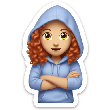 a white girl with long red curly hair, wearing a pastel periwinkle hoodie doing a pose sticker