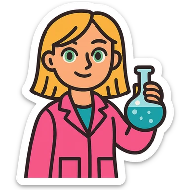 blonde girl with green-grey eyes, wearing a pink lab coat, holding a flask sticker